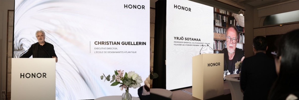 Christian Guellerin, Dean of L'École de design Nantes Atlantique in France, and Yrjö Sotamaa, Honorary Professor at Aalto University, delivering speeches at the HONOR Night in Paris.